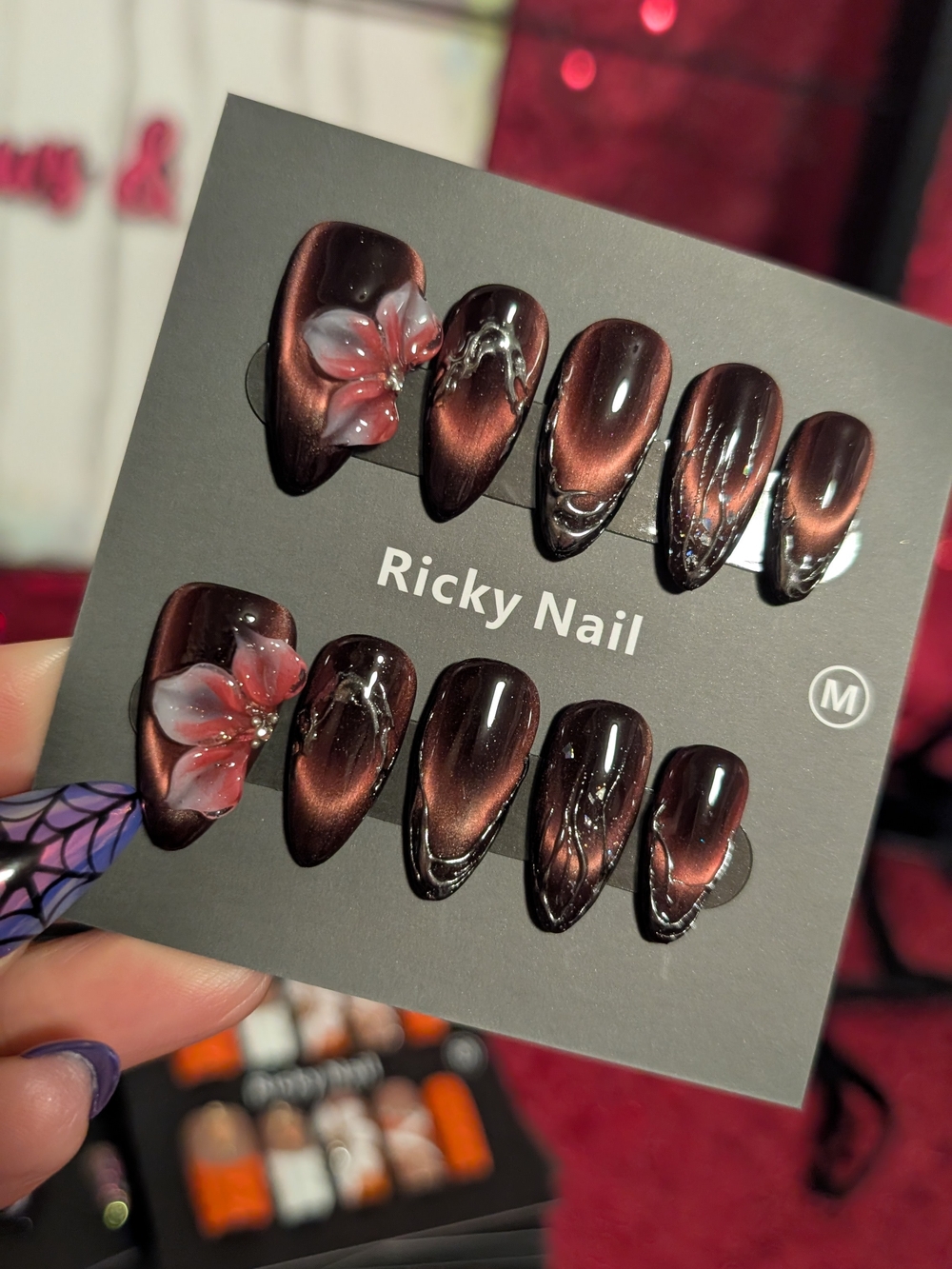Ricky Nail Burgundy Cats Eye And Chrome Press-On Nails with Floral Accent Medium